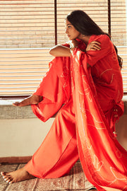 Red Muslin Floral Printed V Neck Style Kurta With Palazzo Pant